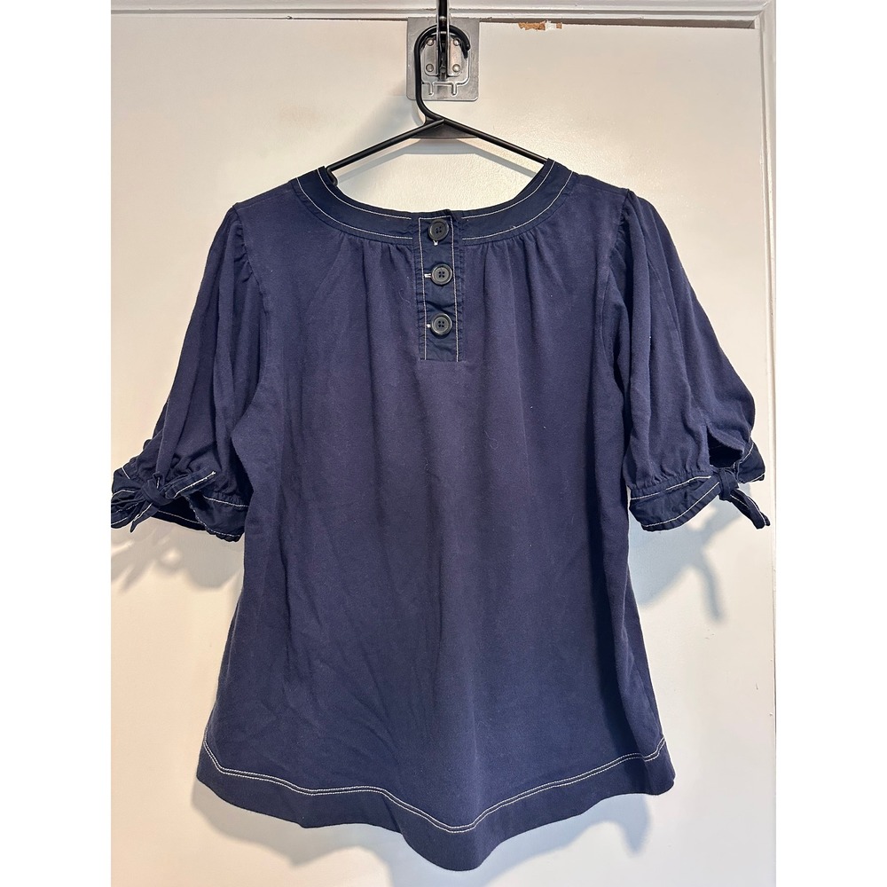 Anthropologie Boho Puff Sleeve Blouse Sz:L Navy Blue Contrast Stitch Cotton